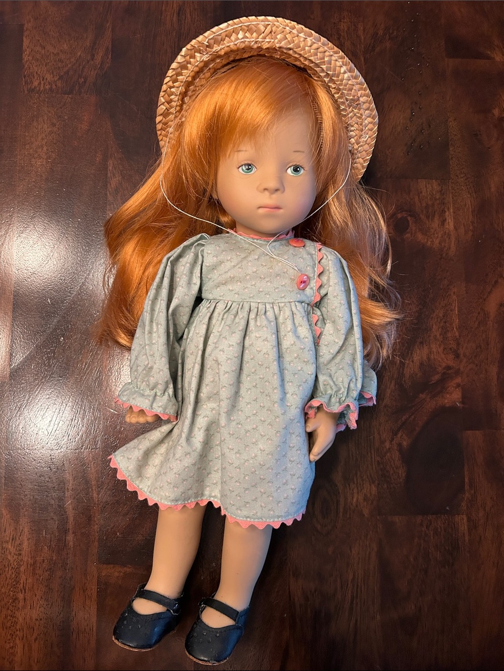 Redheaded Play Doll in Light Green Dress with Pink Trim and Straw Hat